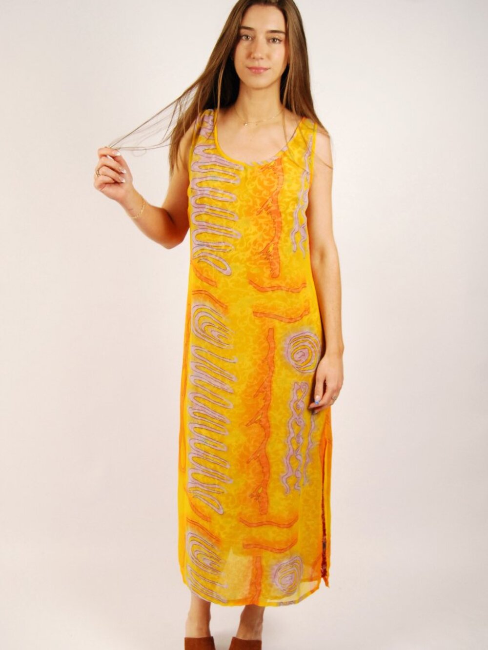 90s Reversible Midi Dress (L) yellow red vintage sundress beach round neck boho